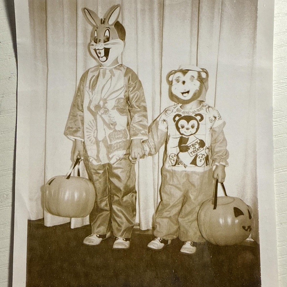 Vintage Halloween Kid Costume Photo 1963 Bugs Bunny Andy Panda Pumpkin Creepy